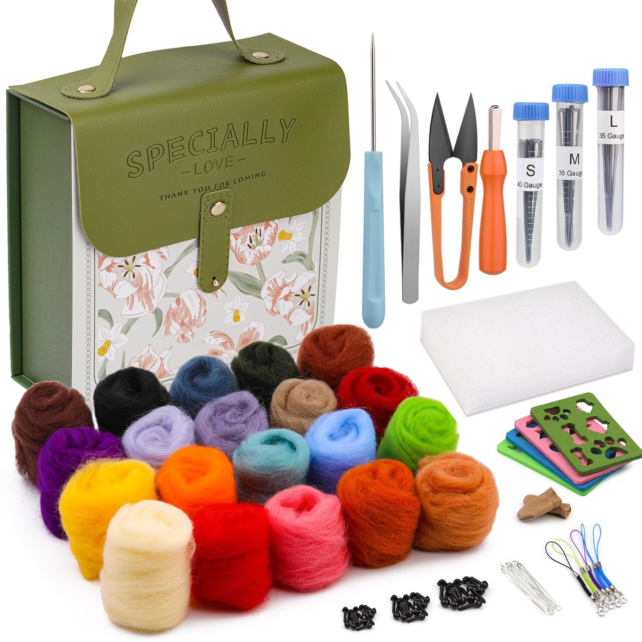Needle Felting Kit, Wool Roving 20 Colors Set, Wool Felting Kit Felt Molds with Portable Storage Box for DIY Craft Home Decoration (Green Bag)